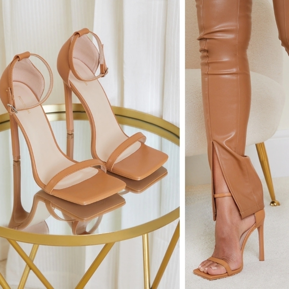 NWOB PrettyLittleThing Clover Barely There Square Toe Heeled Sandal-Tan